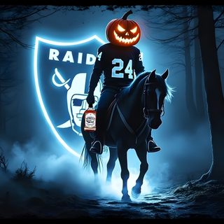 a man riding on the back of a horse wearing a jack - o'lantern hat Raiders Halloween Raiders Halloween, Raider Pumpkin, Halloween Raiders, Football Art, dark slate gray