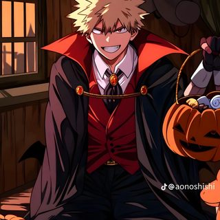 an anime character sitting on the ground with pumpkins in front of him and holding a knife Bakugou Halloween Halloween Bakugou Fanart, Bakugou Halloween, Bakugo Vampire, black