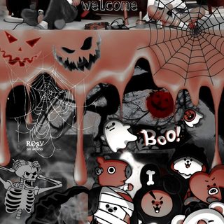 a group of people sitting around a table covered in halloween decorations Bts Halloween K Pop Halloween, Aesthetic Halloween Boys, Saja Boys Halloween, Halloween Boy, dark slate gray
