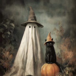 a black cat sitting on top of a pumpkin next to a white ghost wearing a hat Vintage Halloween Cat Photo Halloween, Halloween Bathroom, Art Halloween, Halloween Vintage, dark olive green