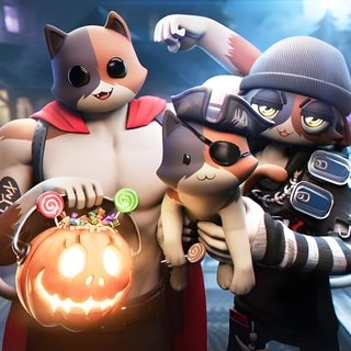 three cartoon characters are holding pumpkins and posing for the camera Fortnite Halloween Animated Characters In Halloween Costumes, Animated Halloween Decorations, Cute Halloween Characters, dim gray