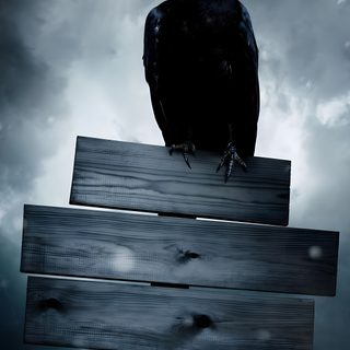 a black bird sitting on top of a wooden sign in front of a cloudy sky Halloween Crow Dark Custom Scary Crow, Scary Dog Background, Halloween Crow, Spooky Crow, dark slate gray
