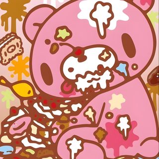 a pink teddy bear surrounded by donuts and other food items on a table with sprinkles all over it Gloomy Bear Halloween Gloomy Bear Phone Theme, Tokidoki, Gloomy Bear Iphone, Gloomy Bear Lockscreen, tan
