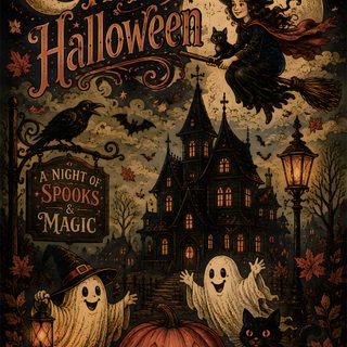 a halloween poster with pumpkins and ghost on it Vintage Halloween Art Vintage Halloween Art, Vintage Witch Art, Halloween Party Diy, black