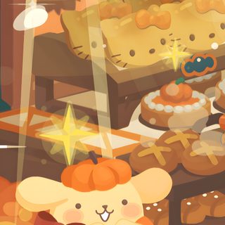 a cartoon bear sitting in front of some pies Pom Pom Purin Halloween Pumpumpurin, Pompompurin, Sonic Heroes, Creative Names, Sanrio, Christian, sandy brown