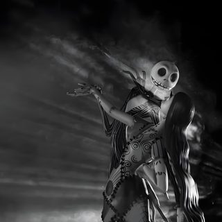 a woman dressed as a skeleton holding a girl in her arms and standing next to a tree Halloween Jack And Sally dark slate gray