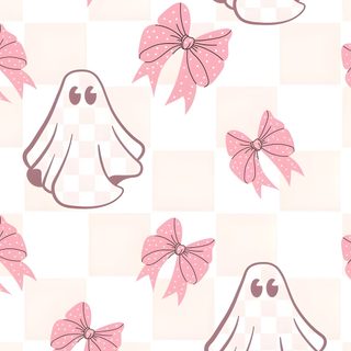 a pattern with pink bows and ghost heads on checkerboard background for wallpaper Pink Coquette Halloween Pink Halloween, Autumn Phone, October, Iphone Preppy, seashell