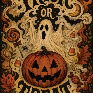 a trick or treat poster with a pumpkin Large Scale Halloween Trick Or Treats saddle brown
