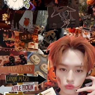 a collage of halloween themed images including signs, pumpkins and other things that are all over the place Kpop Halloween saddle brown