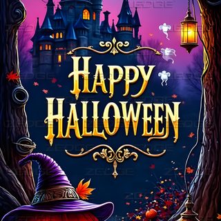 a happy halloween poster with pumpkins and witch's hat in front of a castle Happy Halloween Free dark slate gray
