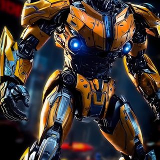 a yellow and black robot standing in the middle of a dark city with lights on Transformers Halloween Transformers, Iron Man, Instagram, Manga, black