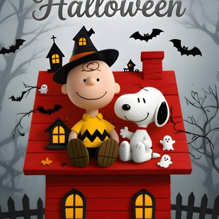 a happy halloween card with a snoopy and his dog on the roof of a house Happy Halloween Snoopy Halloween Happy Halloween Snoopy Images, Snoopy Halloween, Peanuts Iphone, dim gray