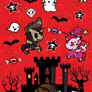 a red background with various cartoon characters on it and bats flying over the top of them Tokidoki Halloween Tokidoki Iphone, Tokidoki, Tokidoki Phone, Tokidoki Unicorno Art, crimson