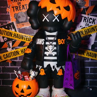 a black bear dressed up as a skeleton and holding two pumpkins Halloween Kaws Hypebeast Room, Cool, Halloween, black