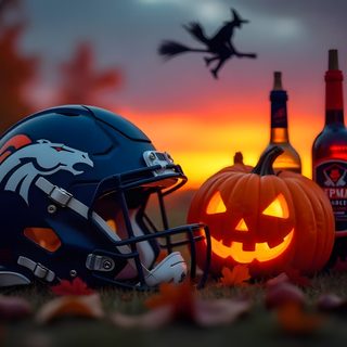a football helmet sitting on top of a field next to two bottles of booze Denver Broncos Halloween Denver Broncos, Broncos, Denver, Dallas Cowboys, Pittsburgh, dark slate gray