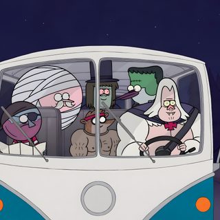 an image of people riding in the back of a bus with cartoon characters on it Regular Show Halloween Regular Show Halloween Episodes, Regular Show Halloween, Regular Show Cool Bikes, dark slate gray