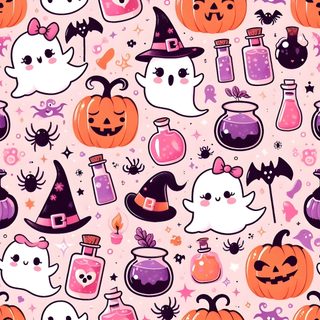 halloween seamless pattern with ghost, pumpkins and booze bottles on pink background Pink And Purple Halloween Halloween Images Cute, Cute Pink Halloween, Cute Halloween, misty rose