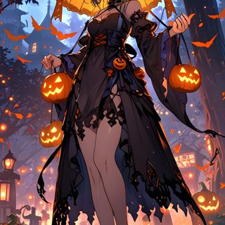 a woman holding an umbrella in front of pumpkins Anime Halloween Anime Witch, Anime Halloween, Zombie Disney, Cute Animal Drawings Kawaii, dark olive green