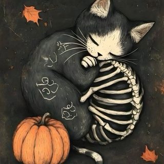 a drawing of a cat laying on top of a skeleton with a pumpkin next to it Kitty Skeleton Halloween Cats Cat Drawings Halloween, Spooky Art Art Spooky Halloween Drawings, Halloween Cat Drawing Ideas, dark slate gray