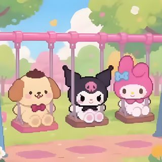 three cartoon characters sitting on swings in the park Hello Kitty And Friends Halloween Gif Hello Kitty Items, Sanrio Characters, Hello Kitty, Kitty, Japan, tan
