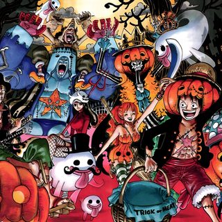 a group of cartoon characters with pumpkins and jack - o'- lanterns in the background One Piece Halloween 4k The Strawhat Crew, Luffy Halloween, One Piece Halloween, saddle brown