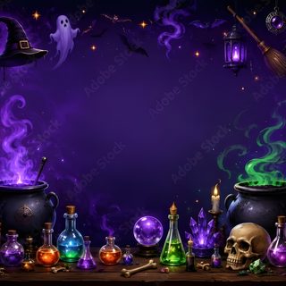 an image of halloween scene with pumpkins and witches Halloween Spooky Cauldron Snakes Potions midnight blue