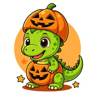 a cartoon dinosaur wearing a pumpkin hat Cute Halloween Dinosaur Dinosaur Pumpkin Drawing, Cute Fall Dinosaur, Halloween Dinosaur Tattoo, white