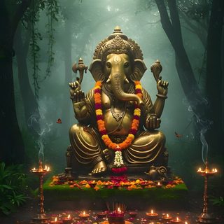 an elephant statue sitting in the middle of a forest with candles around it and lights on the ground Ganesh Halloween Ganpati Baground Hd, Ganpati Bappa Black Background, Ganpati Bappa Poster Background, dark slate gray