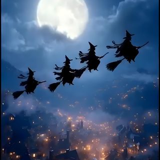a group of people riding on the back of a sleigh in the sky Halloween Live Gif Witches On A Broom, Witch Broom, Witches In The Sky, Witch Flying At Night, dark slate gray