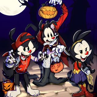 three cartoon characters dressed up in halloween costumes Halloween Animaniacs Bunnicula Fanart, Animaniacs Art, The Animaniacs Fanart, dark slate gray