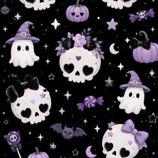 a black background with skulls and bats on it Pastel Goth Halloween black