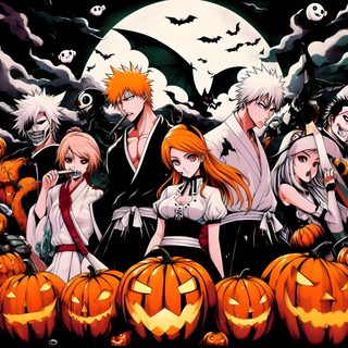 anime characters with pumpkins in front of a full moon Bleach Halloween Yoruichi Halloween, Bleach Halloween Pfp, Ichigo Halloween, saddle brown