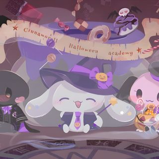 three cartoon characters dressed up as witches and bats in front of a sign that says halloween Cinnamoroll Halloween Ipad Cinnamoroll Halloween Pfp, Cinnamoroll Halloween, Sanrio Halloween Laptop, gray