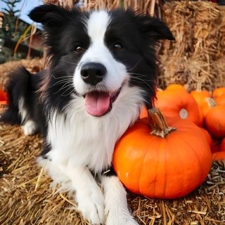 a black and white dog laying on hay next to pumpkins Halloween Border Collie Border Collie Halloween, Halloween Border Collie, Border Collie Halloween Background, sienna