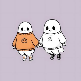 two cartoon characters holding hands with each other on a purple background, one is wearing an orange sweater and the other has a white ghost Cute Halloween Boo Bestie Designer, Matching Halloween Backgrounds For Best Friends, Holiday, Ghost, thistle