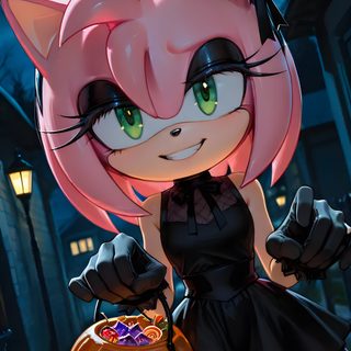 a cartoon character dressed up as a cat holding a pumpkin Amy Rose Halloween Sonic Adventure, Sonic The Hedgehog Halloween Art, Halloween Sonic, dark slate gray