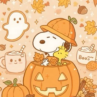 a cartoon dog in a pumpkin costume surrounded by autumn leaves Peanuts Halloween With Pumpkins October, Pumpkin, Image Halloween, Halloween Iphone Backgrounds, sandy brown