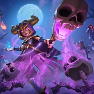 an animated character holding a glowing skull in front of a full moon filled night sky Clash Royale Halloween Night Witch Clash Royale, Clash Royale Witch Card Artwork, Gaming Banner, dark slate blue