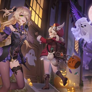 two anime characters standing in front of a building with pumpkins and ghost's Halloween Genshin Fischl Official Art, Genshin Official Twitter, Fischl Birthday Art 2024, dark olive green