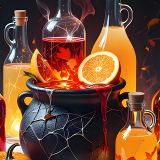 an assortment of bottles with liquid pouring out of them and pumpkins in the background Halloween Potion dark slate gray