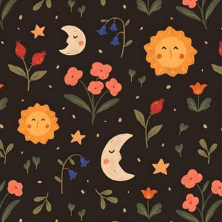 a black background with flowers, stars and moon faces on it's sides in various colors Halloween Sun Pattern Sun And Moon Pattern, Moon And Floral Pattern, Floral Sun And Moon Pattern, black