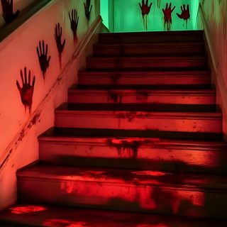 red hand prints on the steps leading up to a green light Halloween Hallway Zombie Haunted House, Zombie Theme Halloween Party, Scary Halloween Hallway, black