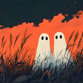 two white ghost standing in tall grass with orange sky and clouds behind them at night Halloween Ghost For Walls Spooky Desktop, Cute Hd Pc, Spooky Desktop Aesthetic, Fall Windows, dark slate gray