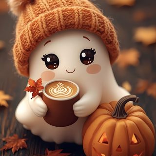 a cute little white ghost holding a cup of coffee with a pumpkin on the ground Cute Funny Halloween Fall Ghost, Cute Halloween Pictures, Color Splash Purple, Autumn Phone, saddle brown