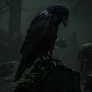 a large black bird perched on top of a moss covered rock in the dark forest Halloween Raven Gothic, Dark Fantasy Artwork, Jrr Tolkien, Dark Nature Aesthetic, Gothic Aesthetic, black