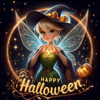 a cartoon character wearing a witches hat and holding a pumpkin with the words happy halloween on it Tinkerbell Halloween Tinkerbell Thanksgiving, Happy Halloween Disney Characters, Disney Happy Halloween, black