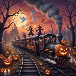 a train decorated for halloween with pumpkins and jack - o'- lanterns Halloween Train Favorite Holiday, Halloween House, Halloween Images, Halloween Trains, dark slate gray