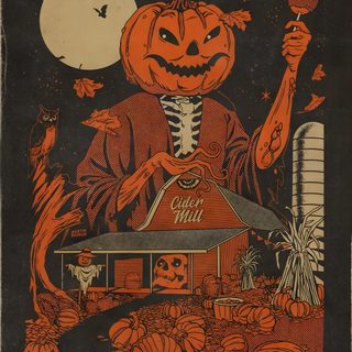 an orange and black halloween card with a skeleton holding a jack - o'- lantern 70s Halloween Halloween Aesthetic Vintage, Spooky Season Retro Halloween Pumpkin, Vintage Spooky Posters, dark slate gray