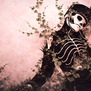 a painting of a skeleton with vines on it's face and arms, holding onto a branch Mcr Halloween Mcr Pro Rev, My Chemical Romance Skeleton, Emo Pc, Frank Iero Icons, Mcr Keyboard, rosy brown