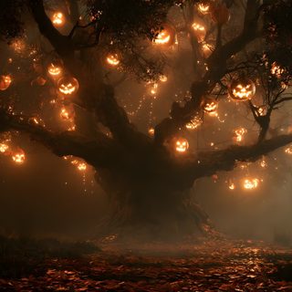 a tree with lots of pumpkins hanging from it's branches in the fog Halloween Tree Halloween, black